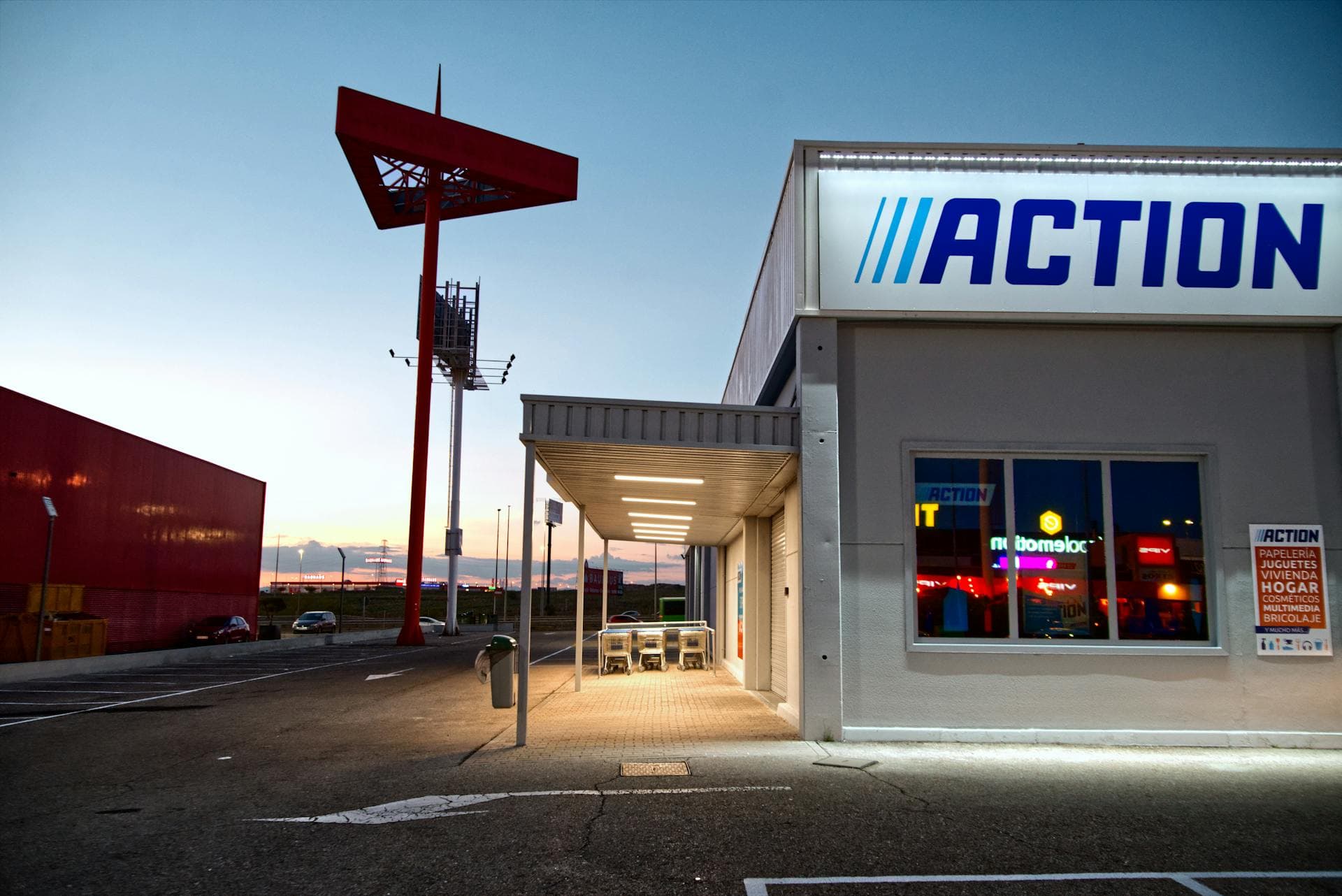 Retail storefront at dusk