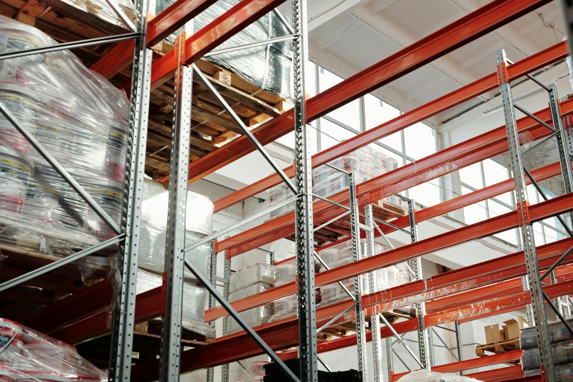 Warehouse interior with pallet racking and concrete slab floor