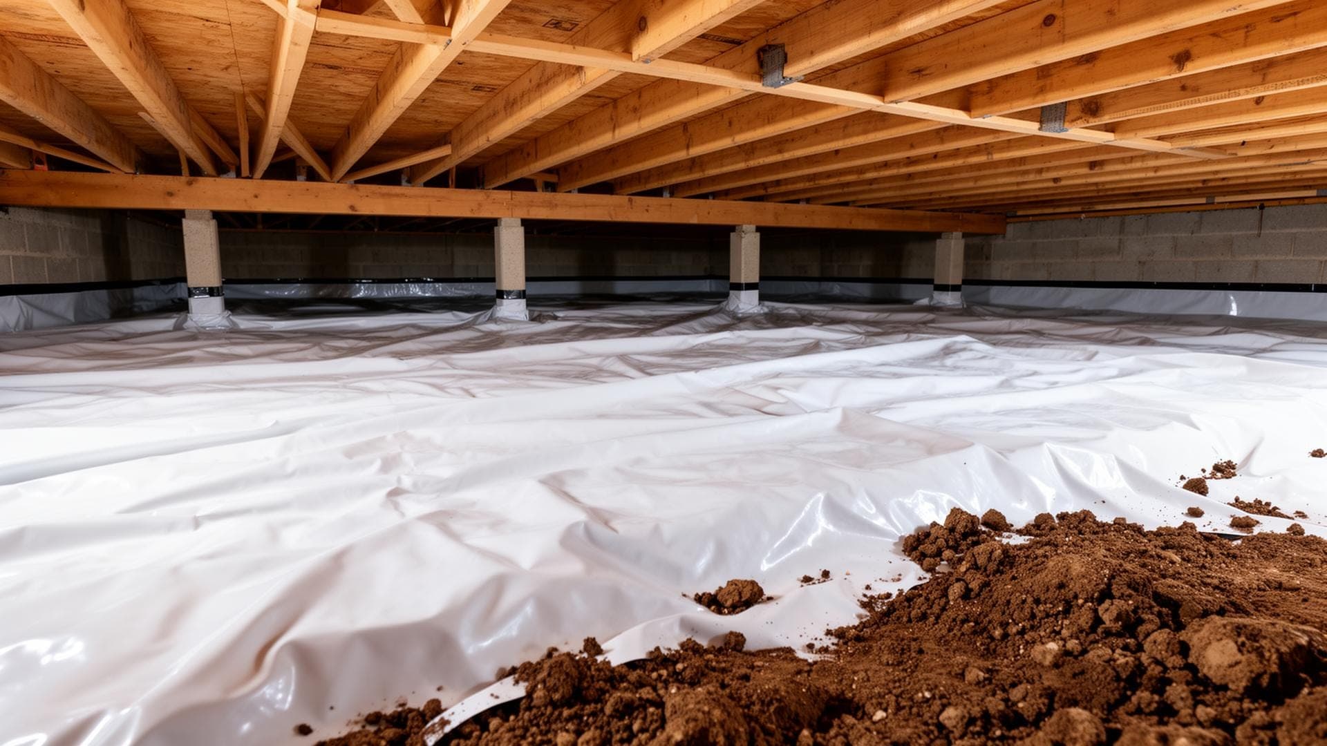 Crawl space with vapor barrier installed for radon mitigation