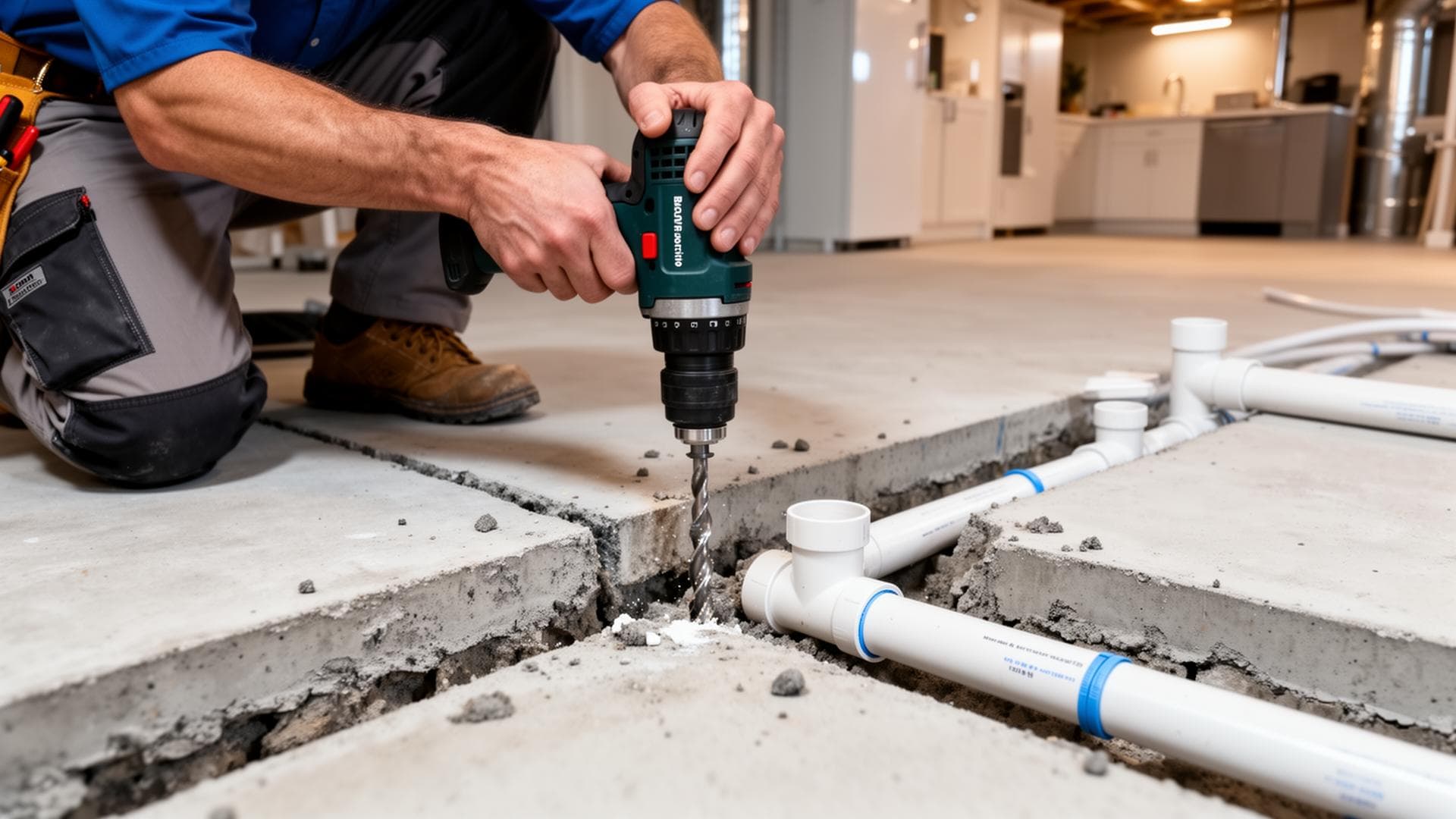 Radon technician installing mitigation system in Kennesaw Border area near Kennesaw