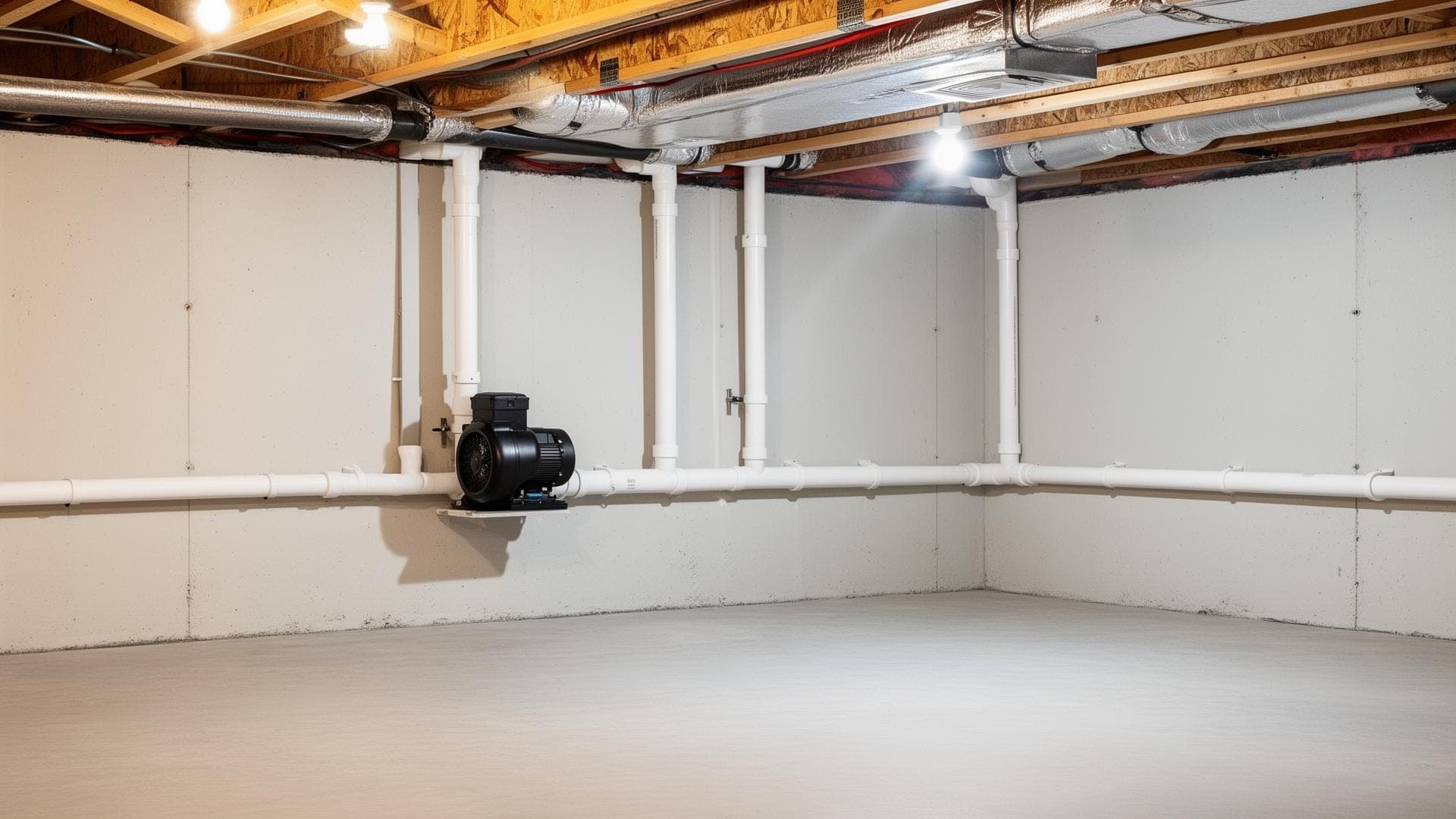 Professional radon mitigation system installation showing white PVC pipe and inline fan - proven 95-99% effectiveness