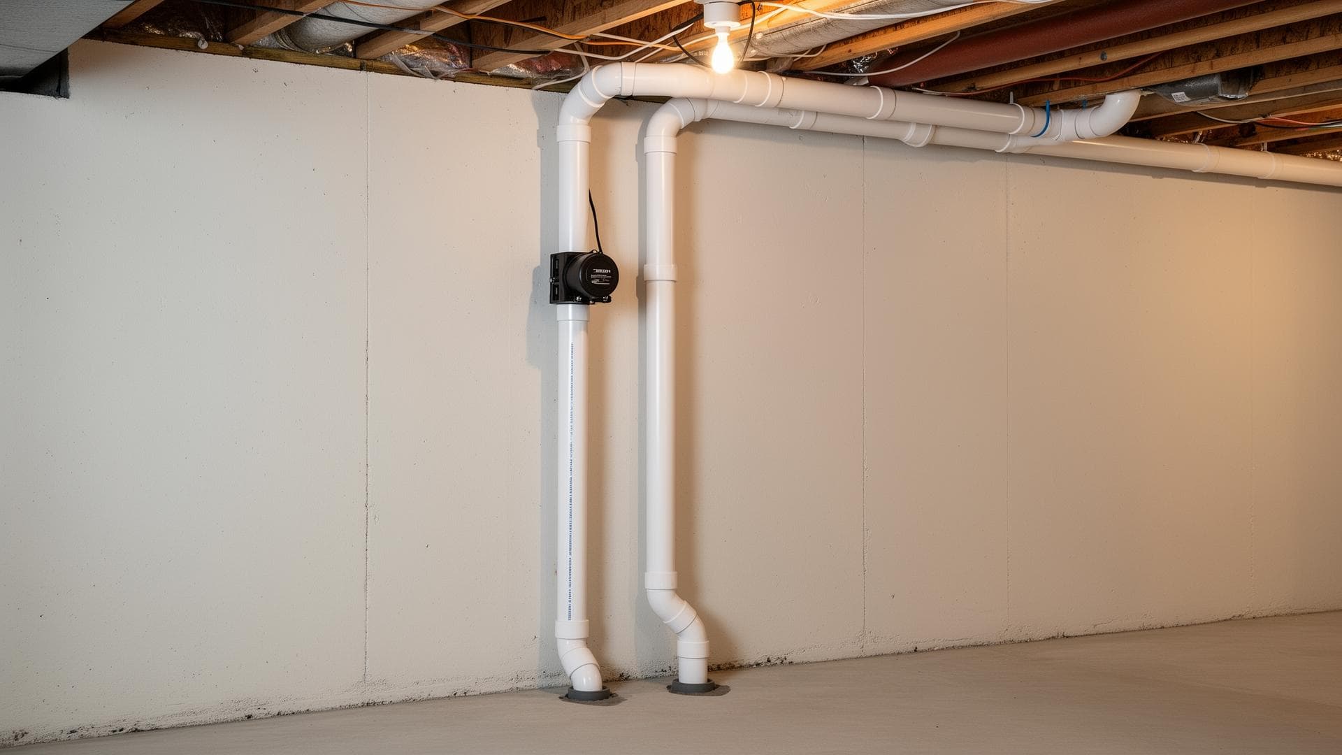 Professional radon mitigation system installed in basement showing sub-slab suction point and PVC piping