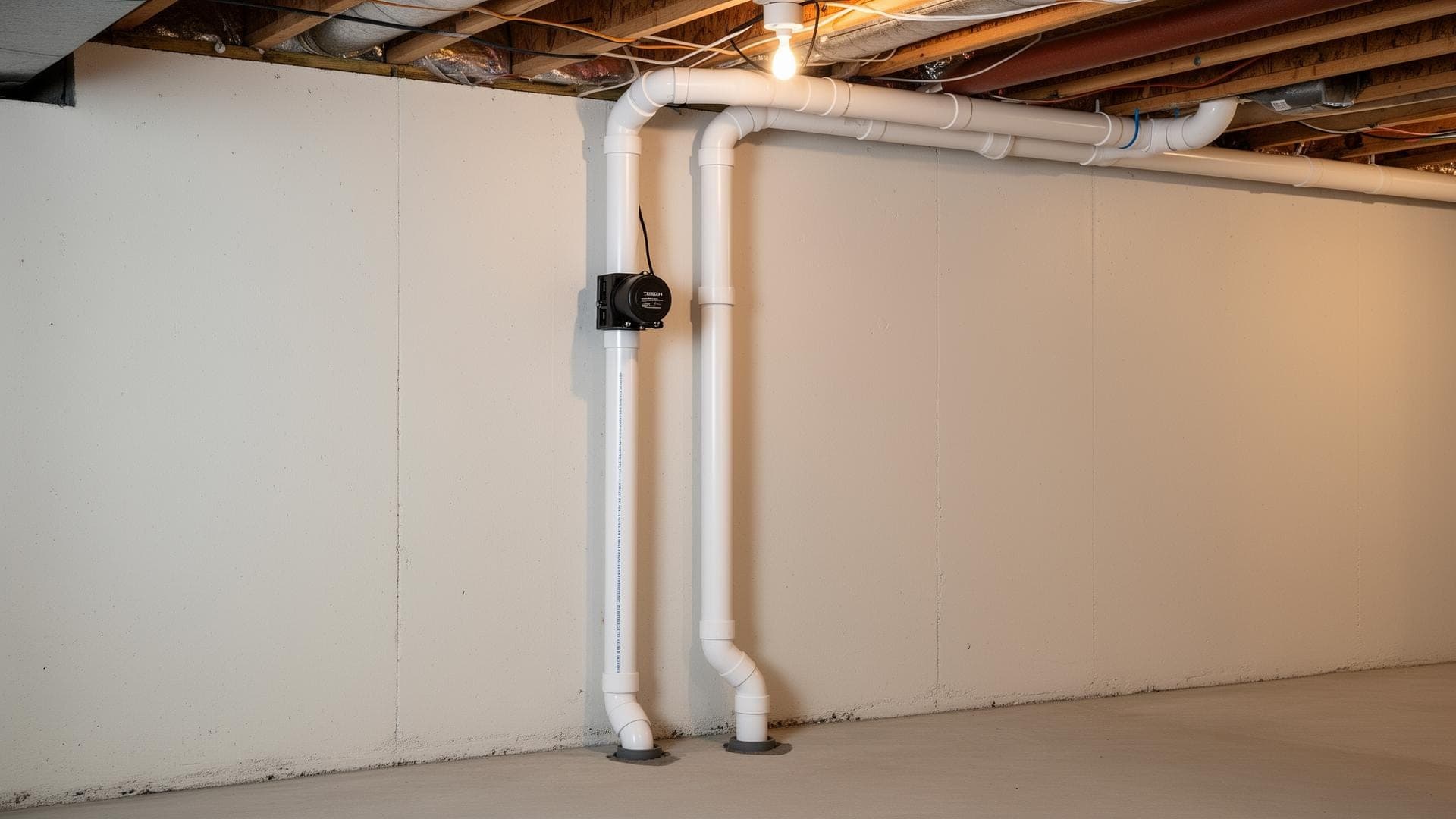Professional radon mitigation system installed in basement showing sub-slab suction point and PVC piping